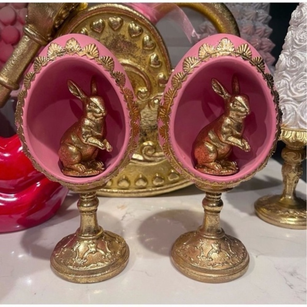 Tik Tok Viral Pink Gold Trim 3D Easter BunnyFaberge Egg Pedestal Set of 2